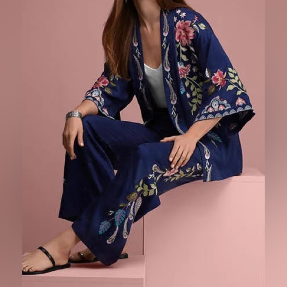Johnny Was Emika Embroidered Open Front Kimono & pant set sz S top M pants